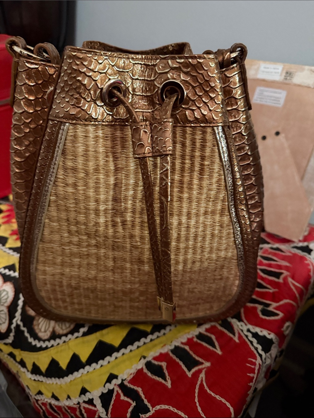 Brahmin Metallic Bronze Faux-Snakeskin & Woven Bucket Shoulder Bag